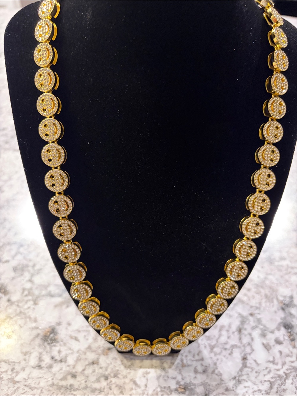 Iced Out Gold Tone Smile Face Link Chain Necklace 23” Length 15mm #63
